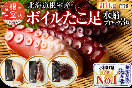 【北海道根室産】ボイルたこ足(水蛸)ブロック3切(計1kg前後) A-20003