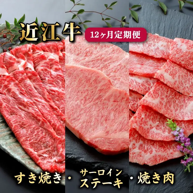 12ヵ月連続お届け！近江牛定期便（すき焼き650g×４回・サーロインステーキ200g　2枚×４回・焼肉500g×４回）《近江牛A5ランクメス牛一頭買い みのや》