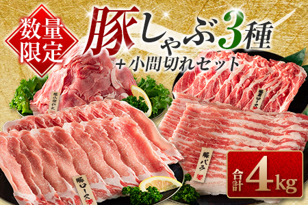 数量限定 豚しゃぶ 3種 小間切れ セット 合計4kg 豚肉 ポーク 人気 豚ロース スライス肉 豚バラ しゃぶしゃぶ サラダ 個包装 小分け 万能食材 おかず お弁当 おつまみ 食べ比べ 詰め合わせ お取り寄せ グルメ おすそ分け 冷凍 お土産 宮崎県 日南市 送料無料_DA43-25