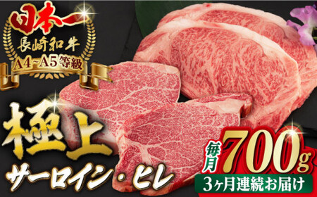 【全3回定期便】【二大高級部位！】サーロイン と ヒレ ステーキ 計700g （各4枚） 長崎和牛 A4?A5ランク 希少部位【野中精肉店】 [VF66] 肉 牛肉 赤身 サーロインステーキ ヒレステーキ 焼肉 定期便