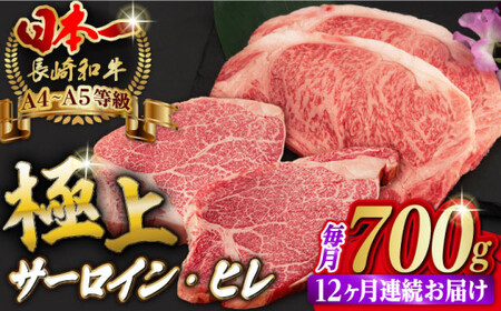 【全12回定期便】【二大高級部位！】サーロイン と ヒレ ステーキ 計700g （各4枚） 長崎和牛 A4?A5ランク 希少部位【野中精肉店】 [VF68] 肉 牛肉 赤身 サーロインステーキ ヒレステーキ 焼肉 定期便
