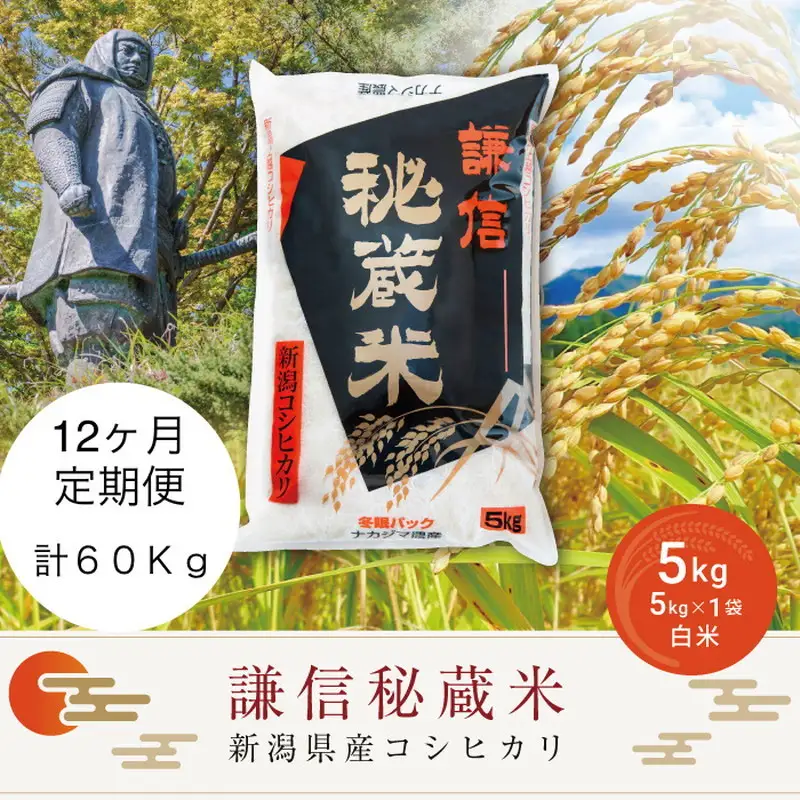 令和7年産 新潟県産 コシヒカリ 定期便（5kg×12回分） 謙信秘蔵米 真空 窒素挿入 冬眠パック 精米 上越市 上杉謙信