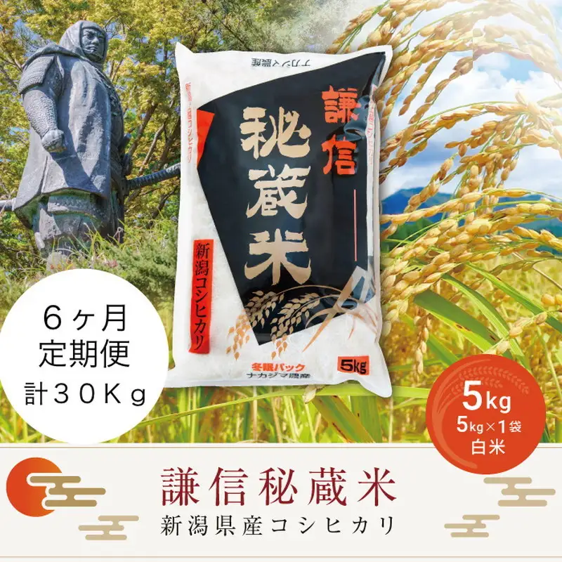 令和7年産 新潟県産 コシヒカリ 定期便（5kg×6回分） 謙信秘蔵米 真空 窒素挿入 冬眠パック 精米 上越市 上杉謙信