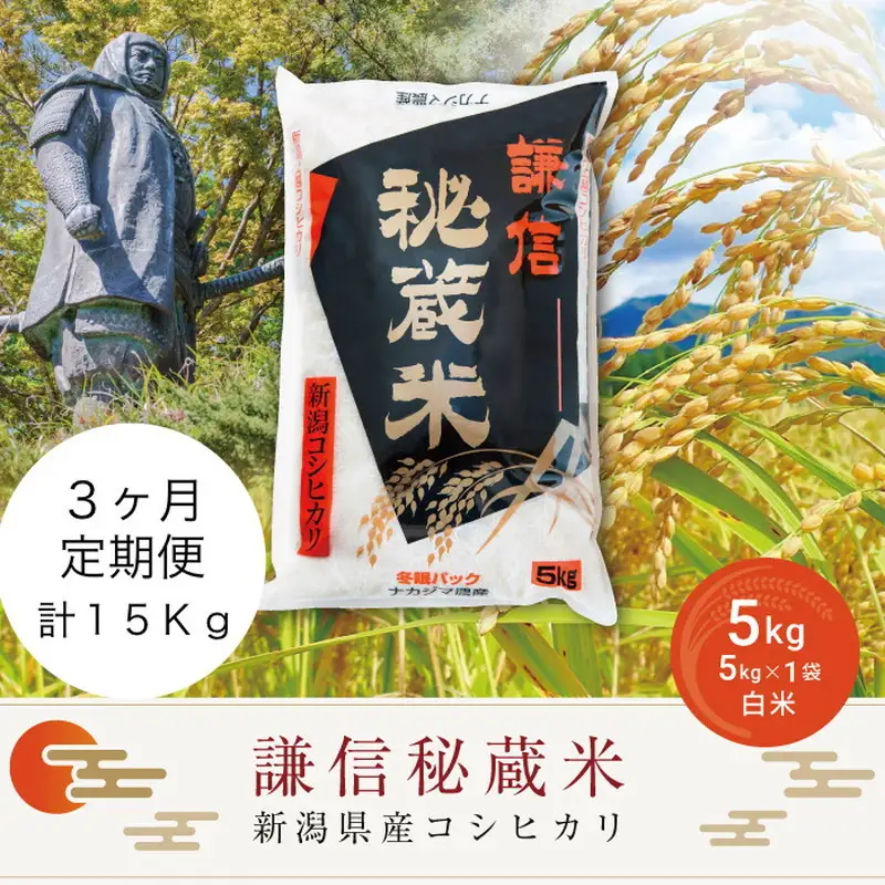 令和7年産 新潟県産 コシヒカリ 定期便（5kg×3回分） 謙信秘蔵米 真空 窒素挿入 冬眠パック 精米 上越市 上杉謙信