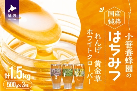 国産純粋完熟はちみつ3種セット(れんげ･ホワイトクローバー･黄金草)ご家庭用計1.5kg[16-1320]