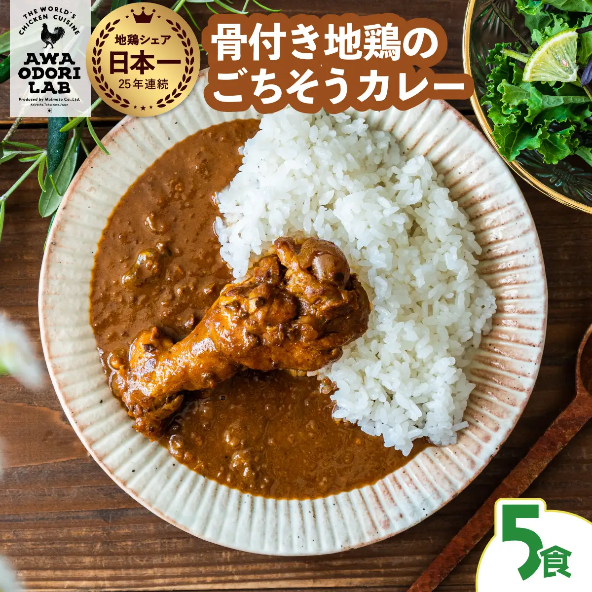 日本一地鶏 阿波尾鶏　骨つき地鶏のごちそうカレー ５人前セット カレー レトルト 阿波尾鶏 5食入り AWAODORI LAB
