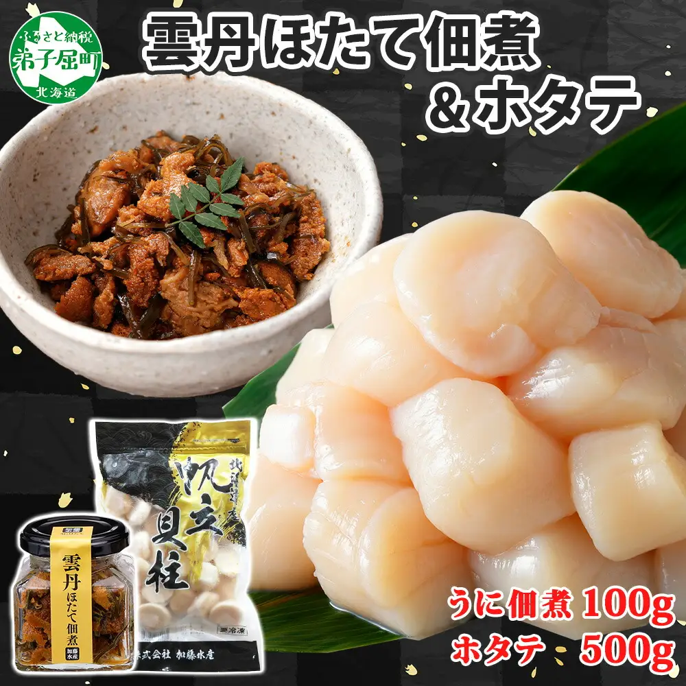 3549. 雲丹と帆立佃煮100g＆ホタテ500g 小分け 雲丹 ウニ うに 帆立 ホタテ ほたて 佃煮 つくだ煮 瓶詰 ご飯のお供 おつまみ 海鮮 送料無料 北海道 弟子屈町