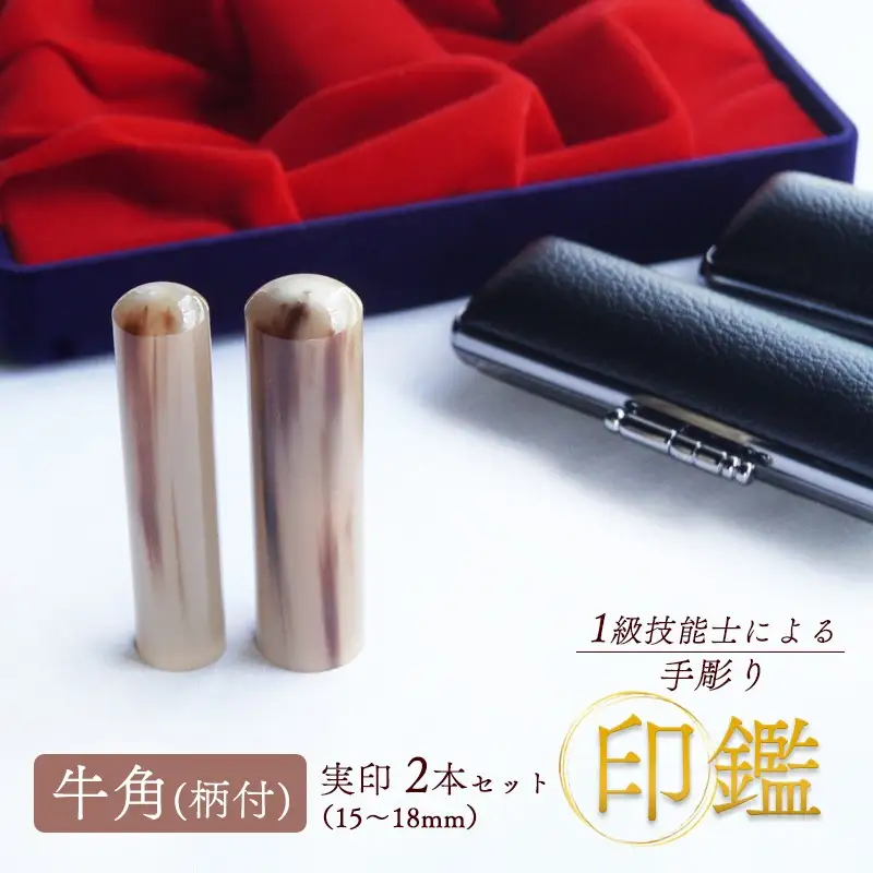 印鑑 牛角(柄付) 実印 2本(夫婦実印 16.5mm/15mm) 手彫り印鑑 ケース付き印鑑 印章 はんこ 印鑑 京都 舞鶴