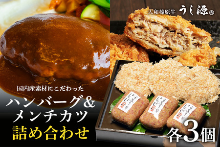 (冷凍) 大和榛原牛 ハンバーグ ・ メンチカツ 詰め合わせ ／ うし源本店 A5ランク 黒毛和牛 ビーフ 時短レシピ お弁当 ハンバーガー キャンプ バーベキュー 父の日 母の日 お中元 贈答用 贈り物 暑中見舞い 手土産 ギフト お歳暮 奈良県 宇陀市 ふるさと納税
