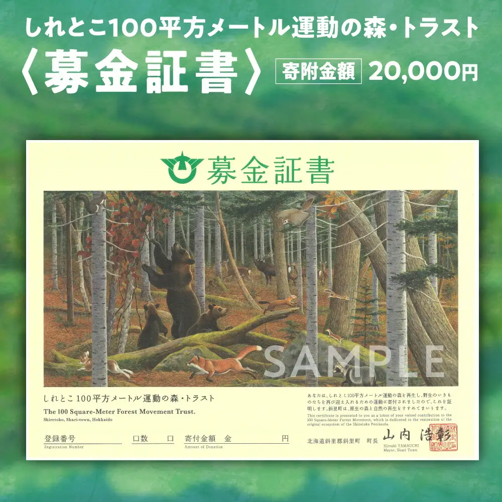 募金証書(20,000円)しれとこ100平方メートル運動の森トラスト_ 地域サービス 