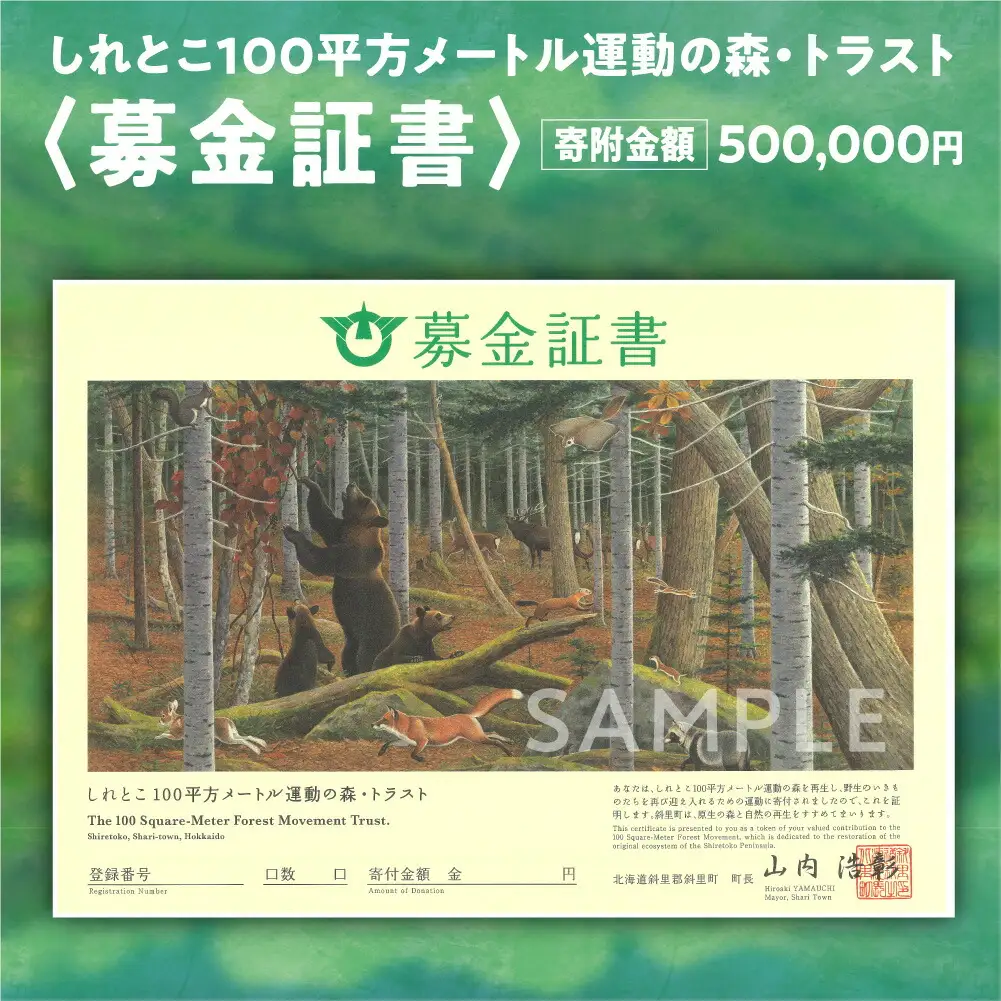 募金証書(500,000円)しれとこ100平方メートル運動の森トラスト_ 地域サービス 