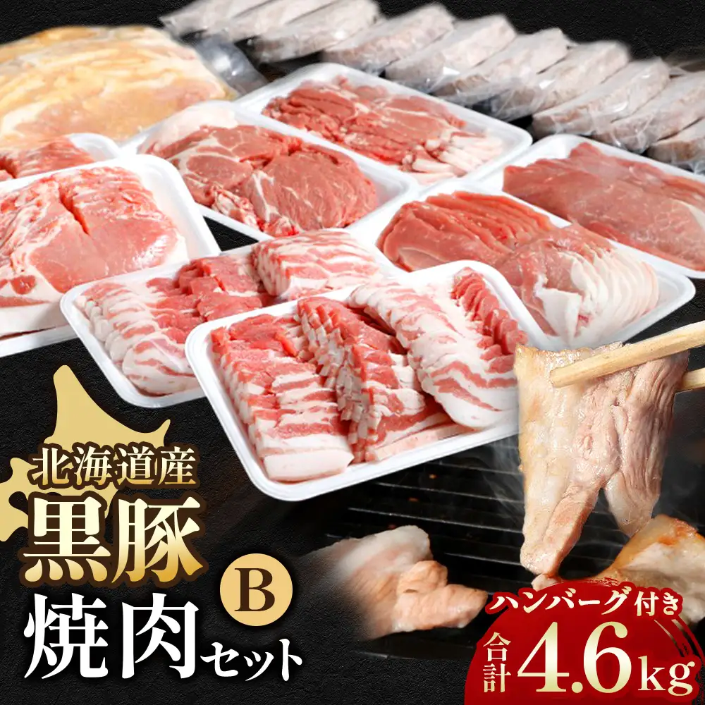 黒豚焼肉Bセット計4600g・ハンバーグ10個・味噌漬け350g付 ロース 肩ロース バラ モモ ハンバーグ 冷凍 小分け 黒豚 豚肉 お肉 肉味 噌漬け みそ漬け