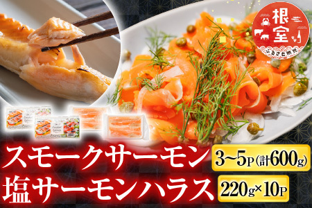 スモークサーモン3～5P(計600g)＆塩サーモンハラス220g×10P B-09093
