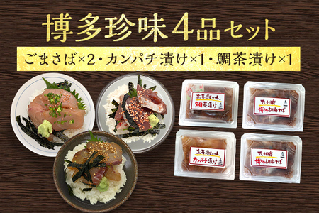 博多珍味 4品 3種類 4パック 魚介類 惣菜 加工品 おかず おつまみ 冷凍 詰め合わせ 簡単調理 魚 ごまさば カンパチ漬け 鯛茶漬け 送料無料