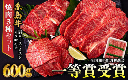 A4ランク 希少部位 焼肉3種 600g 2-3人前 肩ロース ミスジ モモ (カタ) 糸島牛 糸島市 / 一番田舎 [AGN001] 黒毛和牛 和牛