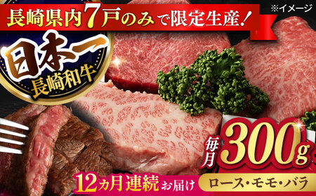 【12回定期便】【限定生産】ステーキ 3種盛り 長崎和牛 出島ばらいろ（300g/回）【肉のマルシン】 [FG19] 肉 牛肉 ロース カルビ モモ 赤身 ステーキ 焼肉 定期便