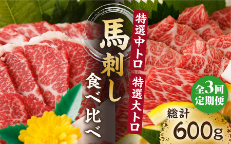 【3回定期便】特選霜降り馬刺し 中トロ大トロ2種食べ比べセット 計200g（各1pc）＋タレ小【馬刺しの郷 民守】 2種馬刺しセット 中トロ 大トロ 熊本 特選 タレ付き [ZBL050]