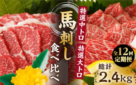【12回定期便】特選霜降り馬刺し 中トロ大トロ2種食べ比べセット 計200g（各1pc）＋タレ小【馬刺しの郷 民守】 2種馬刺しセット 中トロ 大トロ 霜降り 特選 タレ付き [ZBL106]