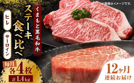 【12回定期便】くまもと黒毛和牛 ステーキ食べ比べ ヒレステーキ×4枚 サーロインステーキ×4枚【馬刺しの郷 民守】熊本 霜降り ヒレ サーロイン ステーキセット [ZBL115]