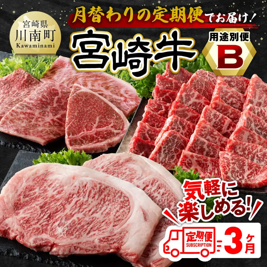 【3ヶ月定期便】 宮崎牛 用途別便B 【 肉 牛肉 国産 宮崎県産 黒毛和牛 和牛 焼肉 BBQ ステーキ 4等級 A4ランク ロース ウデ モモ お祝い 差入 キャンプ ご褒美 牛肉 送料無料】