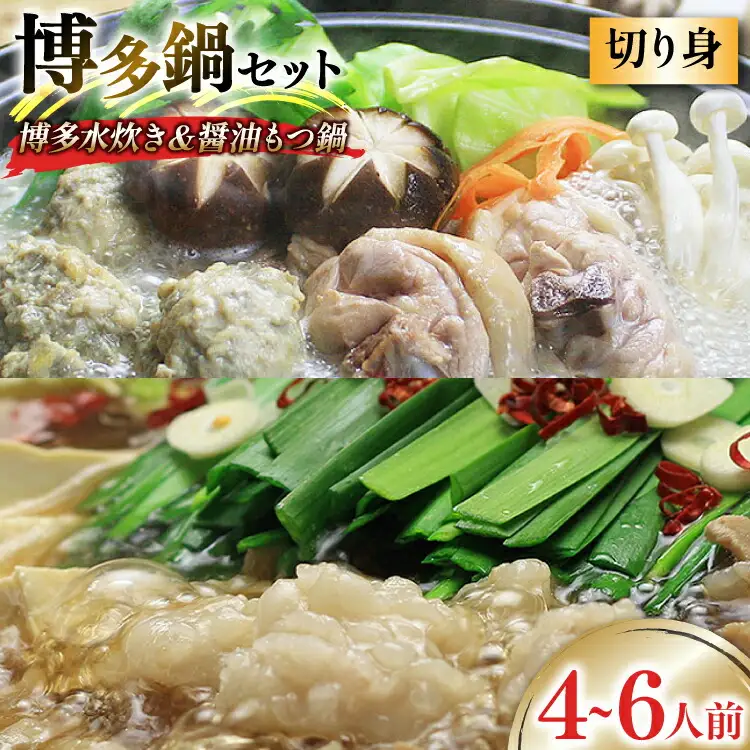 博多の人気鍋2種 セット 九州醤油もつ鍋 2?3人前 & 博多水炊き(切り身) 2?3人前 計4～6人前 [ベネフィス 福岡県 筑紫野市 21761414]