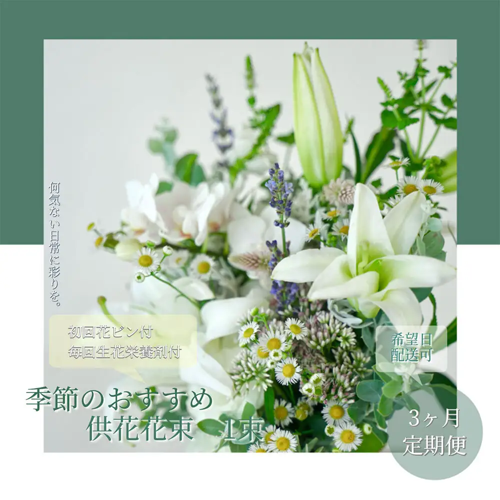 《3ヵ月定期便》花束一束 お供え 初回花瓶付S 延命剤付き
