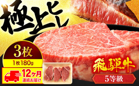 【12回定期便】飛騨牛ヒレステーキ180g×3枚 計540g 総計6.48kg【マルゴー】 飛騨牛 黒毛和牛 A5[MBE045]