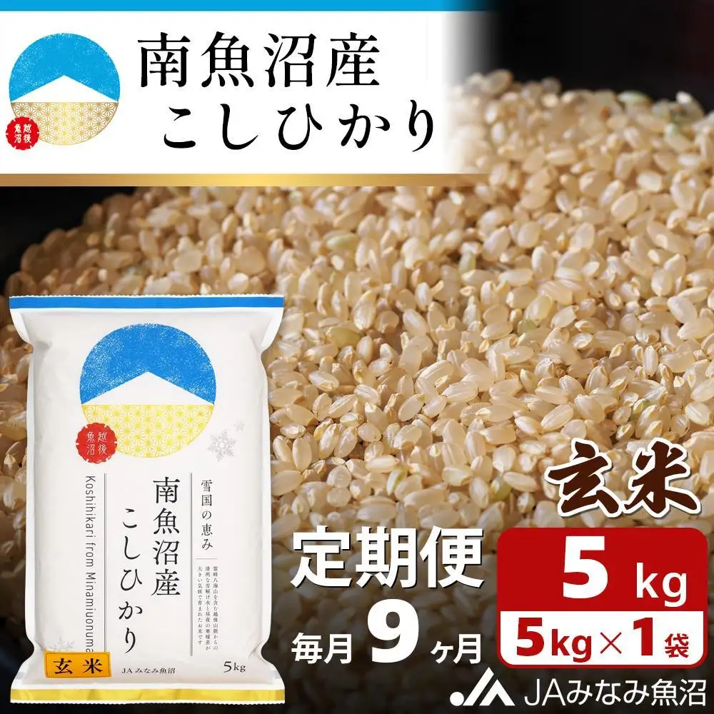 【JAみなみ魚沼定期便】南魚沼産こしひかり玄米（5kg×全9回）特A獲得日本一産地 調整玄米 精選玄米 雪国の恵み もっちり甘い 南魚沼産コシヒカリ≪定期便 コシヒカリ こしひかり 玄米 銘柄米≫