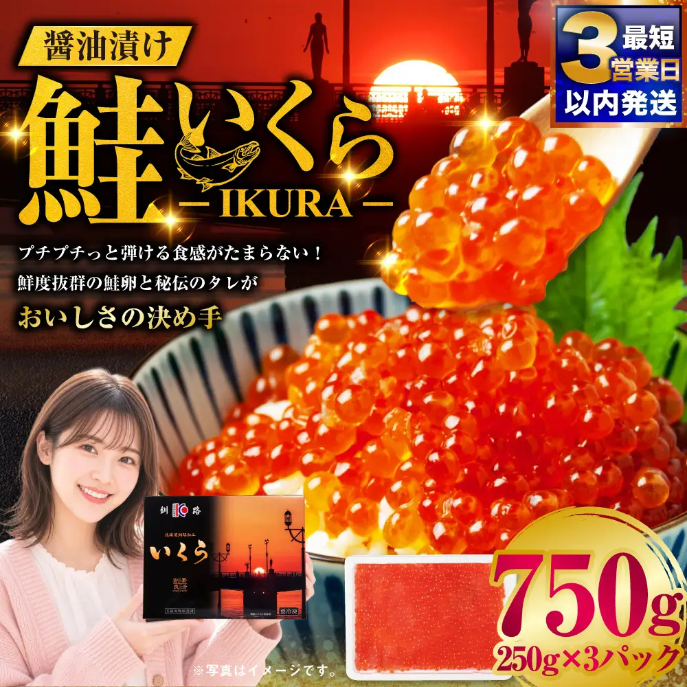 【最短3営業日以内発送】いくら 醤油漬け 250g×3パック 計750g 北海道 釧路 ふるさと納税 いくら イクラ 丼 ごはんのお供 魚介類 海鮮 魚卵 海産物 F5F-0099