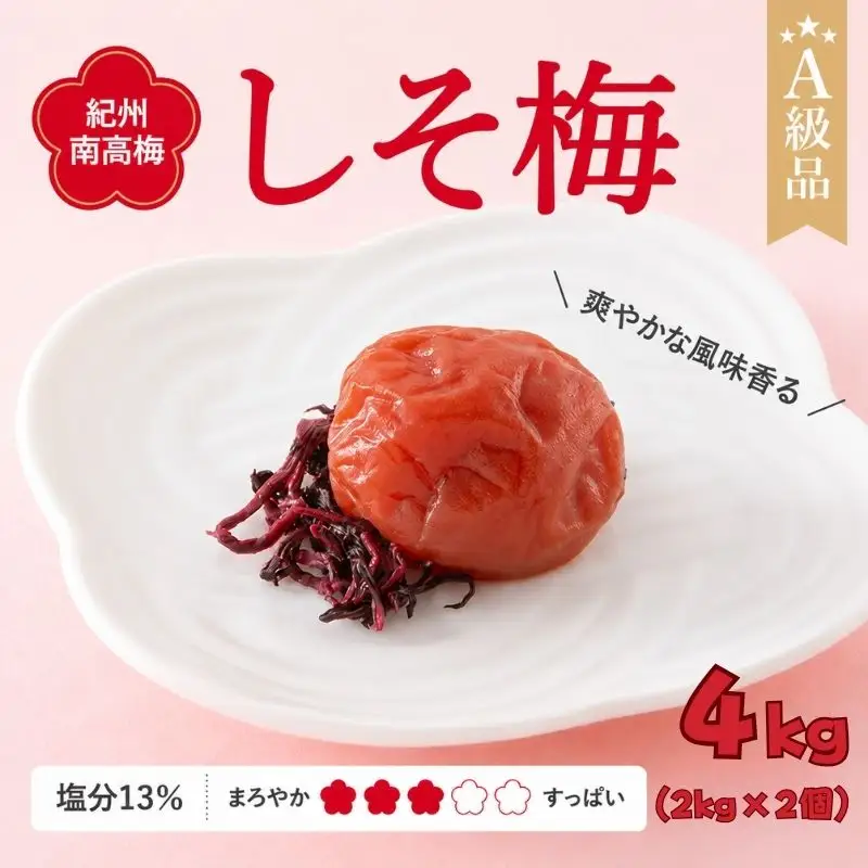  紀州南高梅　しそ梅（塩分13%）　4kg(2kg×2個） / 田辺市 紀州南高梅 南高梅 梅干し 梅干 梅  肉厚 お米 おにぎり 焼酎 梅酒 健康 【ske044-2】