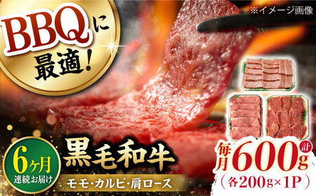 【第6回定期便】和牛 バーベキュー セット 肩ロース カルビ モモ 計600g (200g×3) 長崎和牛 焼肉 【夢ファームシュシュ】 [WF42] 肉 牛肉 ロース もも 焼肉 BBQ 定期便