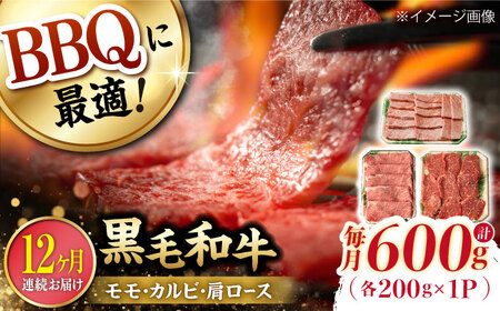 【第12回定期便】和牛 バーベキュー セット 肩ロース カルビ モモ 計600g (200g×3) 長崎和牛 焼肉 【夢ファームシュシュ】 [WF43] 和牛 牛肉 ロース カルビ モモ 焼き肉 赤身 霜降り