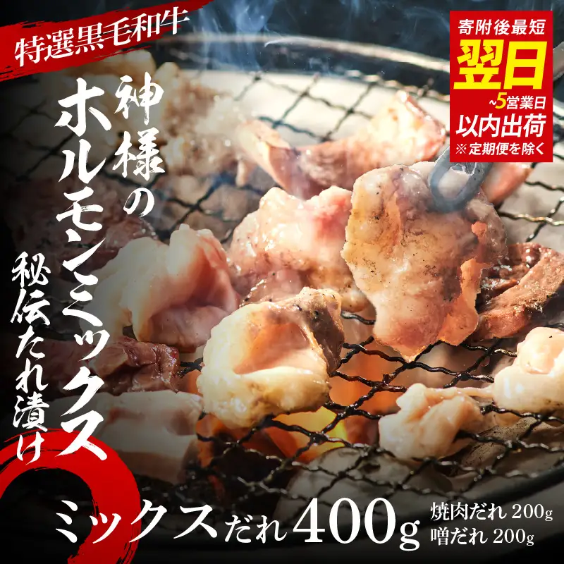 【 スピード発送 】【 特選 黒毛和牛 】 神様のホルモンミックス 秘伝たれ漬け 400g（焼肉だれ1p＋味噌だれ1p）
