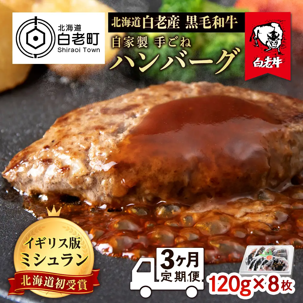 【定期便 3カ月】北海道 白老産 自家製 黒毛和牛 手ごね ハンバーグ 8枚セット BS035