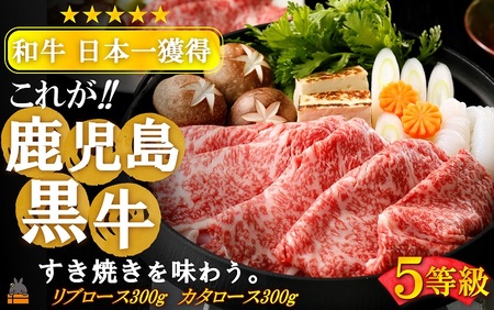  《和牛日本一獲得》5等級 これが!!鹿児島黒牛 2種の霜降りを食べ比べる「すき焼き」（リブロース300g＆カタロース300g) ( 5等級 黒牛 黒毛和牛 牛肉 日本一 全国和牛能力共進会 徳之島 奄美 鹿児島 すき焼き しゃぶしゃぶ スライス 肉汁 霜降り 食べ比べ オススメ プレミアム JA食肉かごしま )