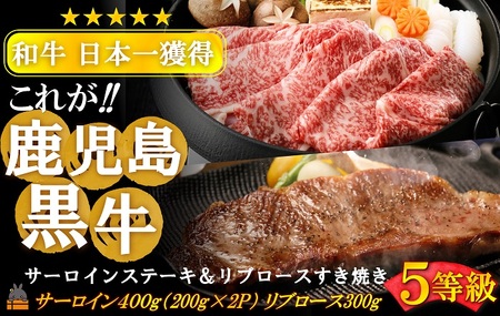 《和牛日本一獲得》5等級 これが!!鹿児島黒牛 サーロインステーキ＆リブロースすき焼き（サーロイン400g（200g×2P）＆リブロース300g) ( 5等級 黒牛 黒毛和牛 牛肉 日本一 全国和牛能力共進会 徳之島 奄美 鹿児島 すき焼き しゃぶしゃぶ スライス ステーキ 霜降り 食べ比べ オススメ プレミアム JA食肉かごしま )
