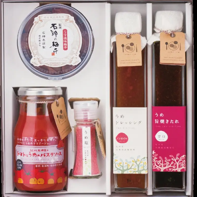 新うめ三昧セット（梅干、ドレッシング、うめ旨やきたれ、うめ塩、トマトとうめのパスタソース） / 和歌山 田辺市 紀州南高梅 南高梅 梅干し 梅干 梅 うめ 肉厚 お米 おにぎり 焼酎 梅酒 健康 うす塩味 はちみつ梅 みかん梅 うめドレッシング ドレッシング 梅塩 うめ塩 パスタソース パスタ セット 詰合せ【isg032-1】