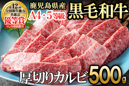 ＜A4・A5等級＞鹿児島県産黒毛和牛 うしの中山 焼き肉用厚切りカルビ 500g 鹿児島県産 黒毛和牛 和牛 カルビ 肉 牛肉 国産 九州産 焼肉 BBQ 小分け A5 A4 日本一 ランキング 人気 a9-045