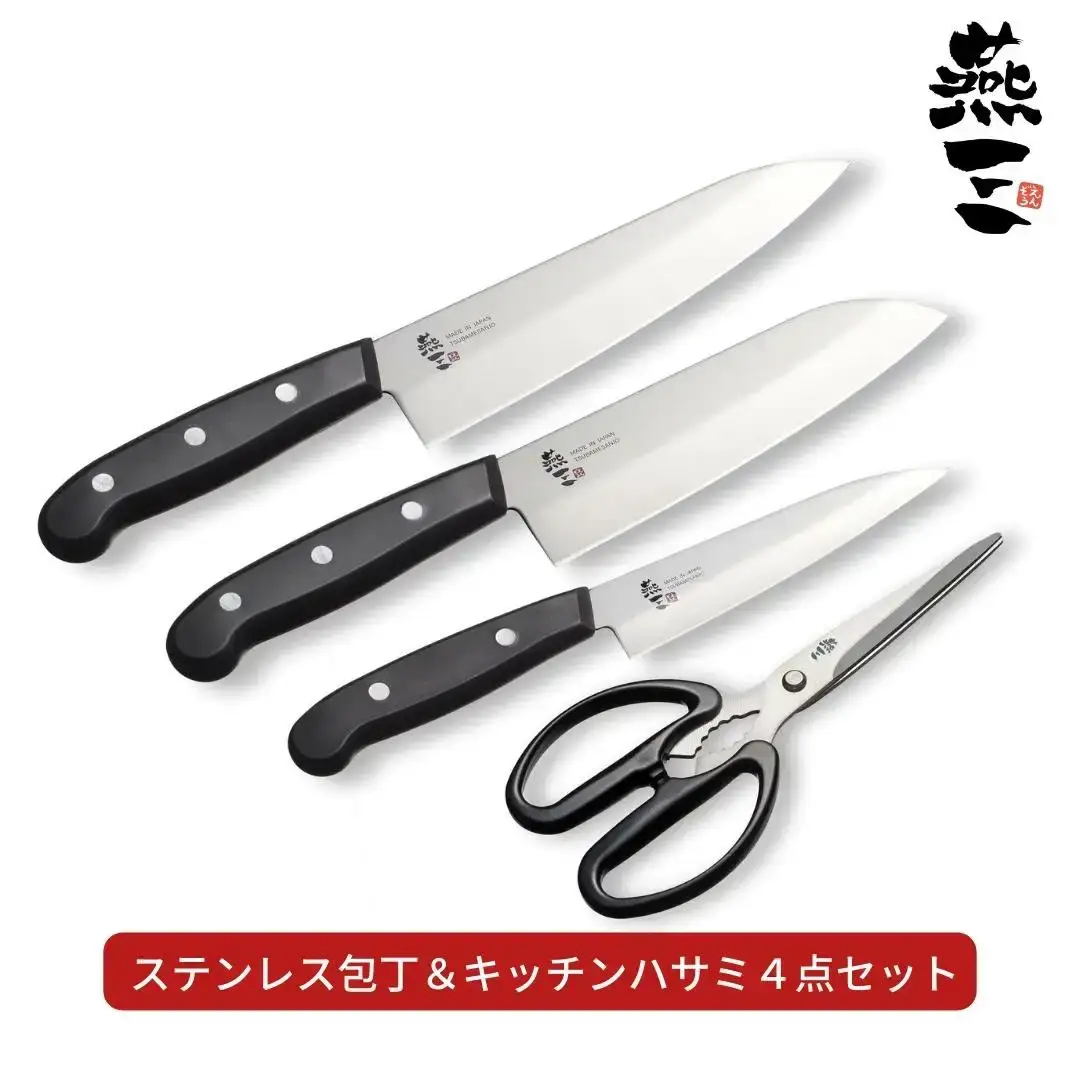 [燕三] ステンレス包丁＆キッチンハサミ４点セット キッチン用品 燕三条製 新生活 一人暮らし 【017S049】