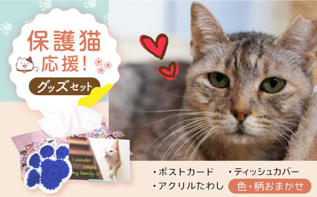 【保護猫応援!】グッズ3点セット ティッシュカバー・オリジナルポストカード・手作りアクリルたわし[AOBR009]