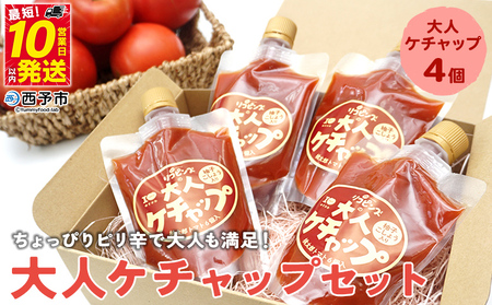 ＜ちょっぴりピリ辛で大人も満足！大人ケチャップ 4個セット＞ とまと 野菜 完熟 柚子胡椒 こしょう 調味料 辛口 パスタソース チリソース ギフト 贈り物 食べて応援 国産 特産品 遊子川ザ・リコピンズ 愛媛県 西予市【常温】『最短10営業日以内に発送予定』 SYR0004
