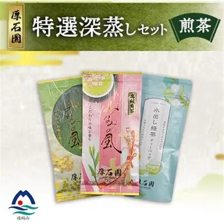 お茶の老舗“厚石園”の特選深蒸しセット (水出し煎茶・特上深蒸し煎茶・高級深蒸し煎茶) A3-98_飲料・ドリンク 茶葉・ティーバッグ 茶 _【配送不可地域：離島】【1166619】