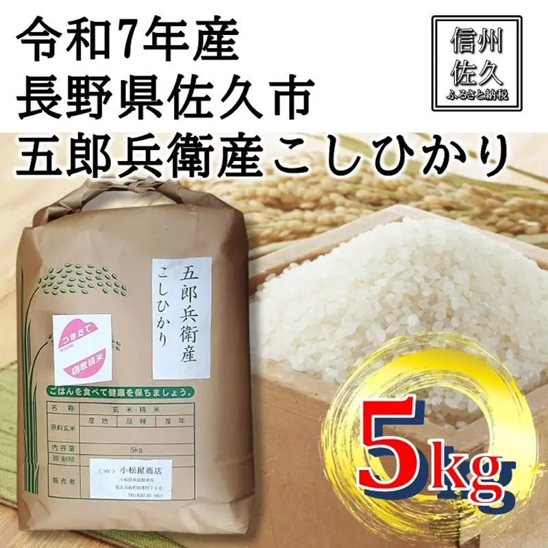 【令和7年産・白米５kg】五郎兵衛産こしひかり（北海道・沖縄・離島は配送不可）信州 長野県 佐久市 浅科 精米 【米 コメ 白米 精米 お米 こめ おこめ 備蓄品 仕送り おすそ分け 備蓄米 コシヒカリ こしひかり 長野県 佐久市 】