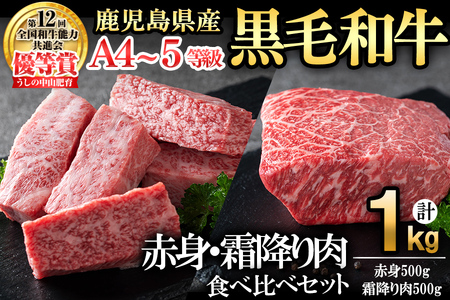 【数量限定】A4・A5等級うしの中山黒毛和牛ブロック赤身(モモorロース 500g)・霜降り肉(バラorカルビ 500g)食べ比べセット合計1kg c0-101