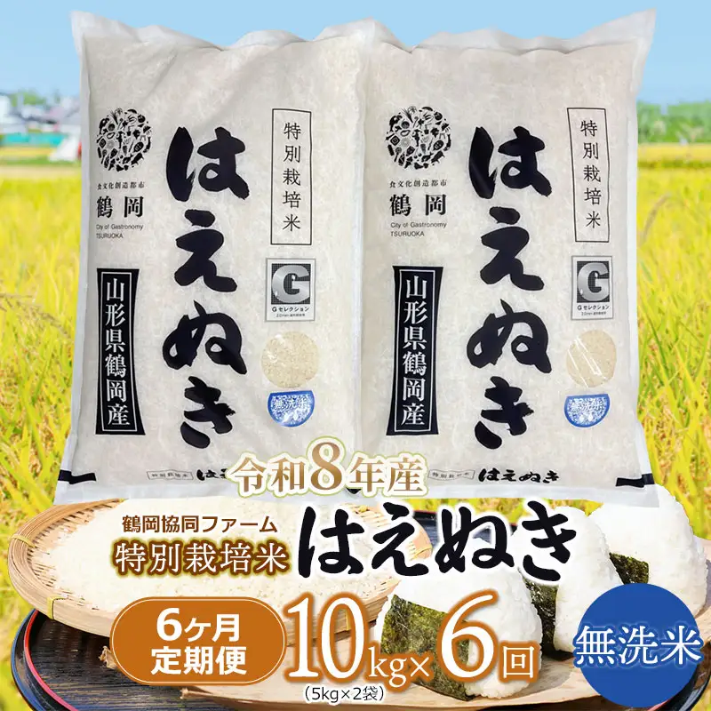 【令和8年産先行予約】 特別栽培米はえぬき無洗米 10kg (5kg×2袋)×6ヶ月【定期便】　鶴岡協同ファーム