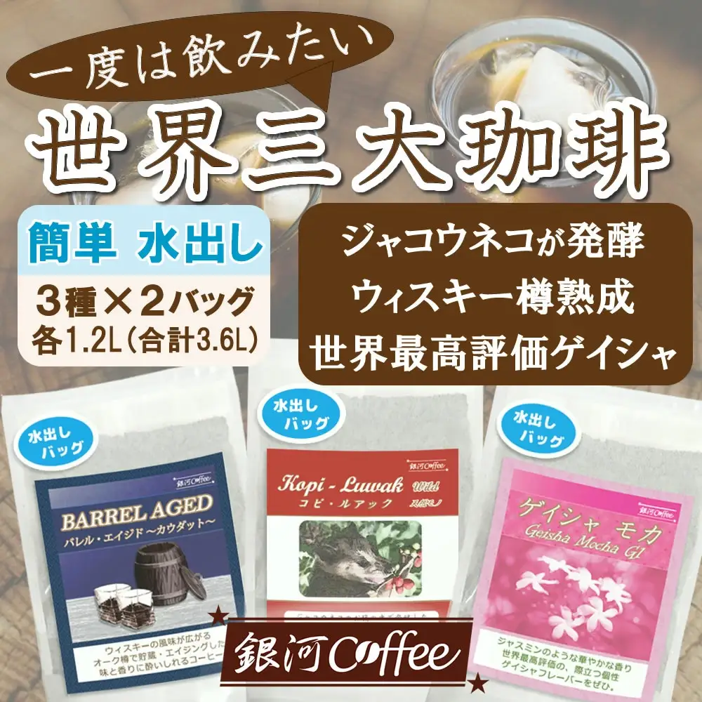 【12203-0127】水出し珈琲セット（お手軽版） 生涯で飲みたい 世界３大コーヒー80g×3種 銀河コーヒー ふるさと納税 市川市 返礼品