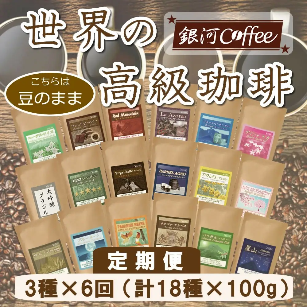 【12203-0106】定期便6回 世界一周 高級珈琲（豆のまま） 銀河コーヒー 
