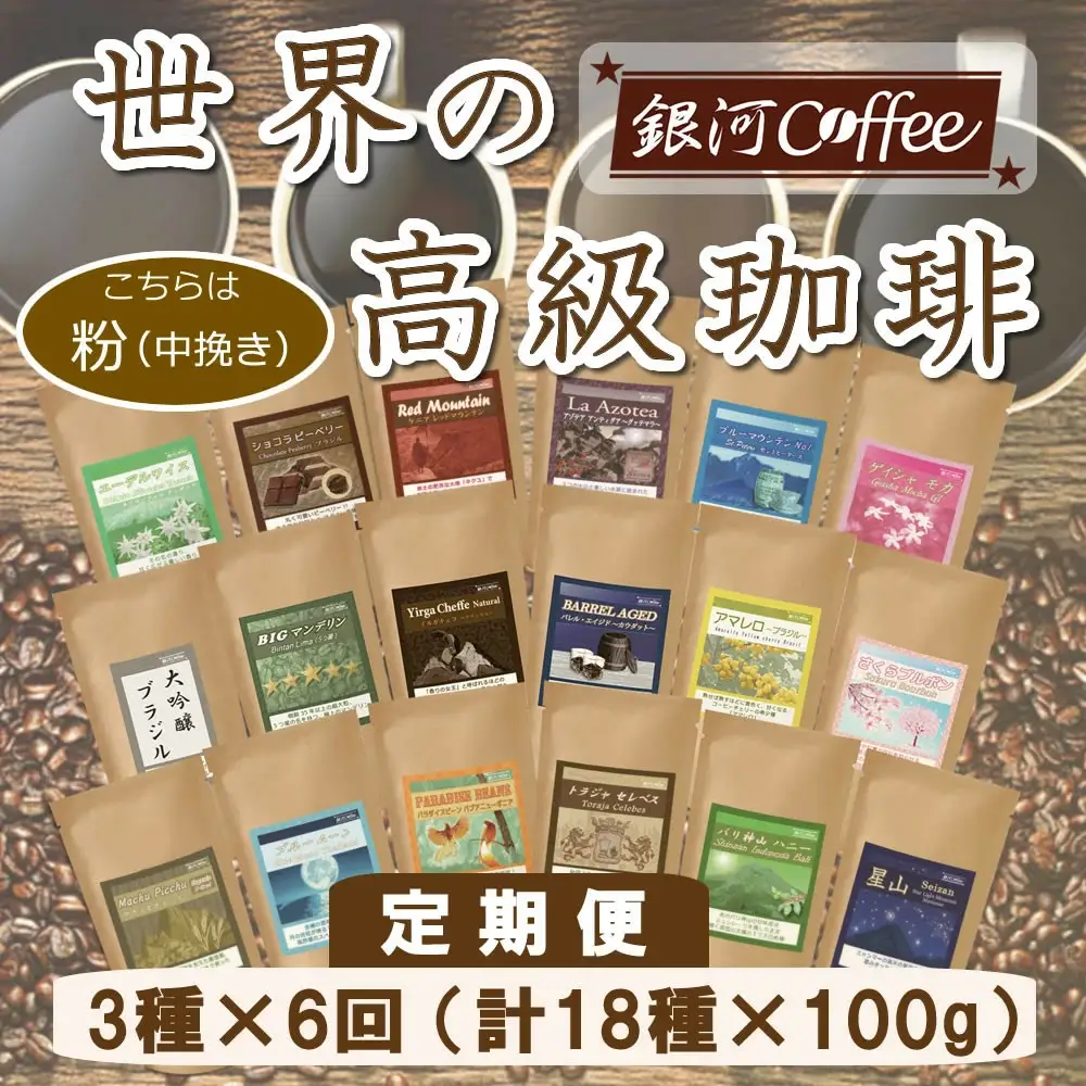 【12203-0107】定期便6回 世界一周 高級珈琲（粉 中挽き） 銀河コーヒー 