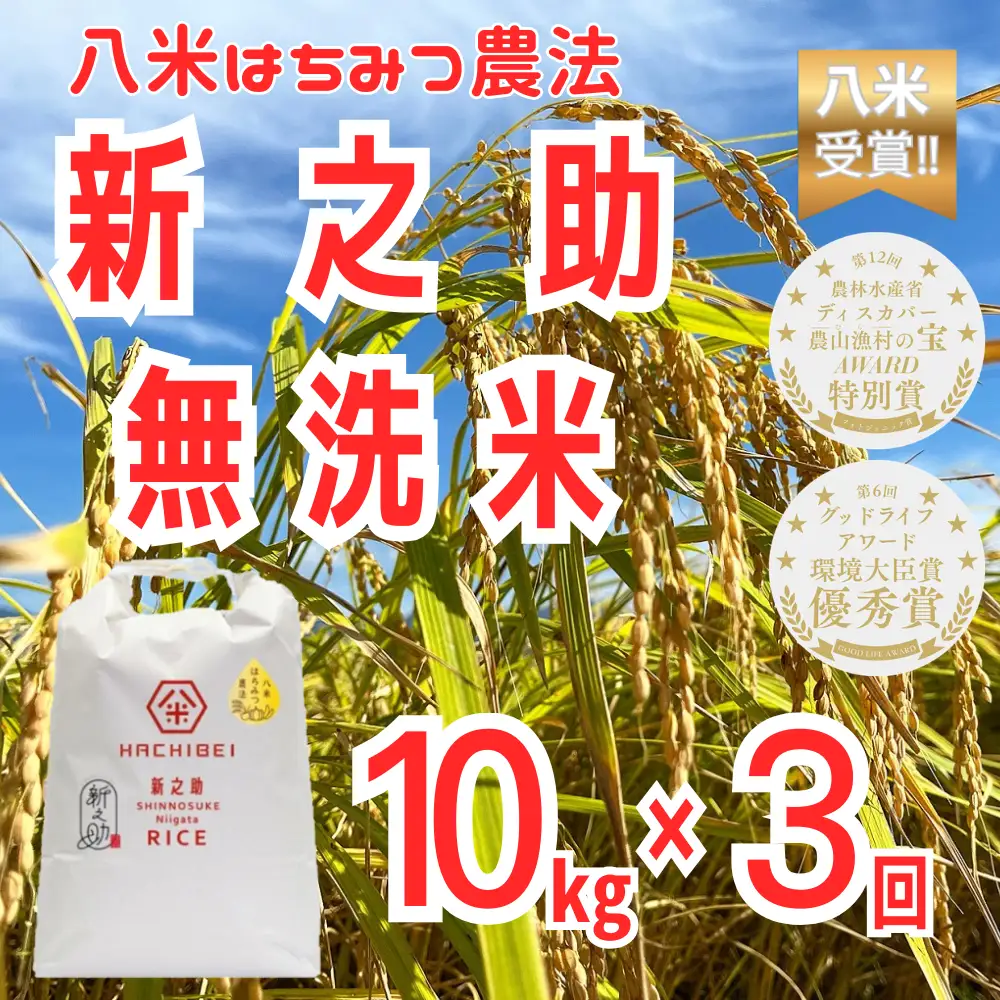 【令和7年産】【環境大臣賞受賞】【特別賞受賞】 3ヶ月定期便 無洗米 新之助 10kg×3回 計30kg 農家直送 ほんのり甘い「はちみつ農法」 白米 精米 HACHIBEI 八米 新潟県、米、こめ、コメ 1L25073
