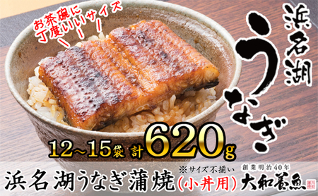 浜名湖うなぎ蒲焼（小丼用）計620g 【訳あり】サイズ不揃い12～15袋 加工品 養殖 老舗 手焼き 百貨店 ギフト カット 湯せん レンジ 美味しい 冷凍 食べきり 便利 簡単 調理 
